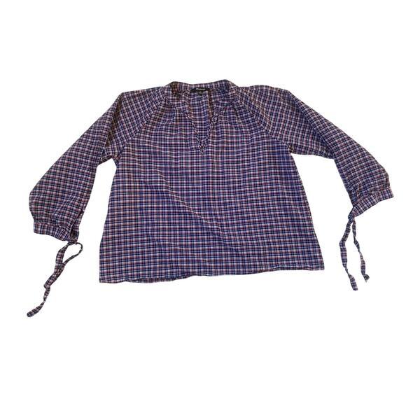 Madewell Blue Red Tie-Sleeve Linen Blend Top in Plaid Size - M - Picture 8 of 9